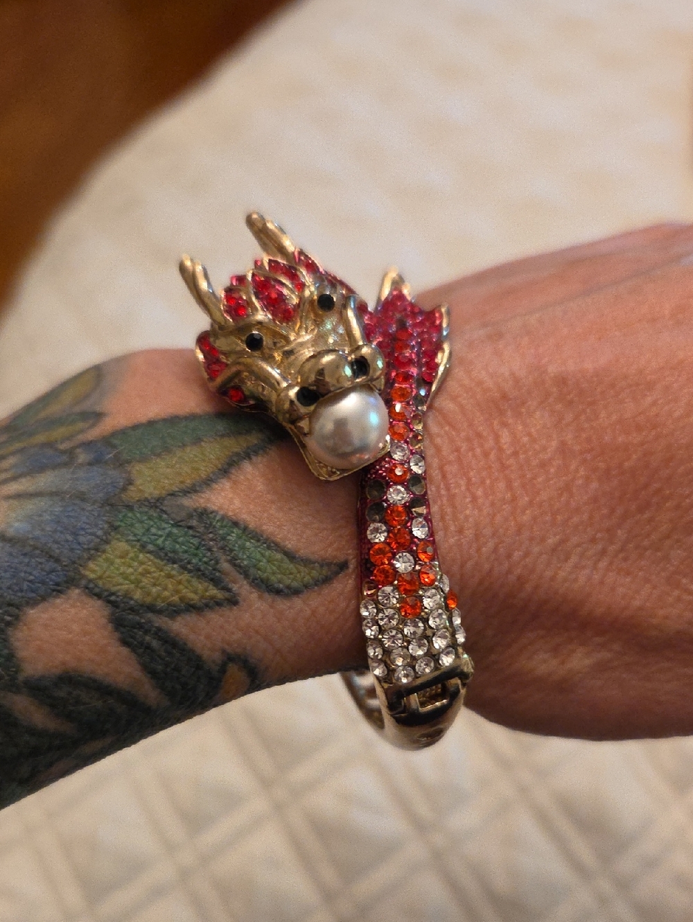 Vintage Red And Gold Dragon Head Crystal Bracelet with Pearl Accent